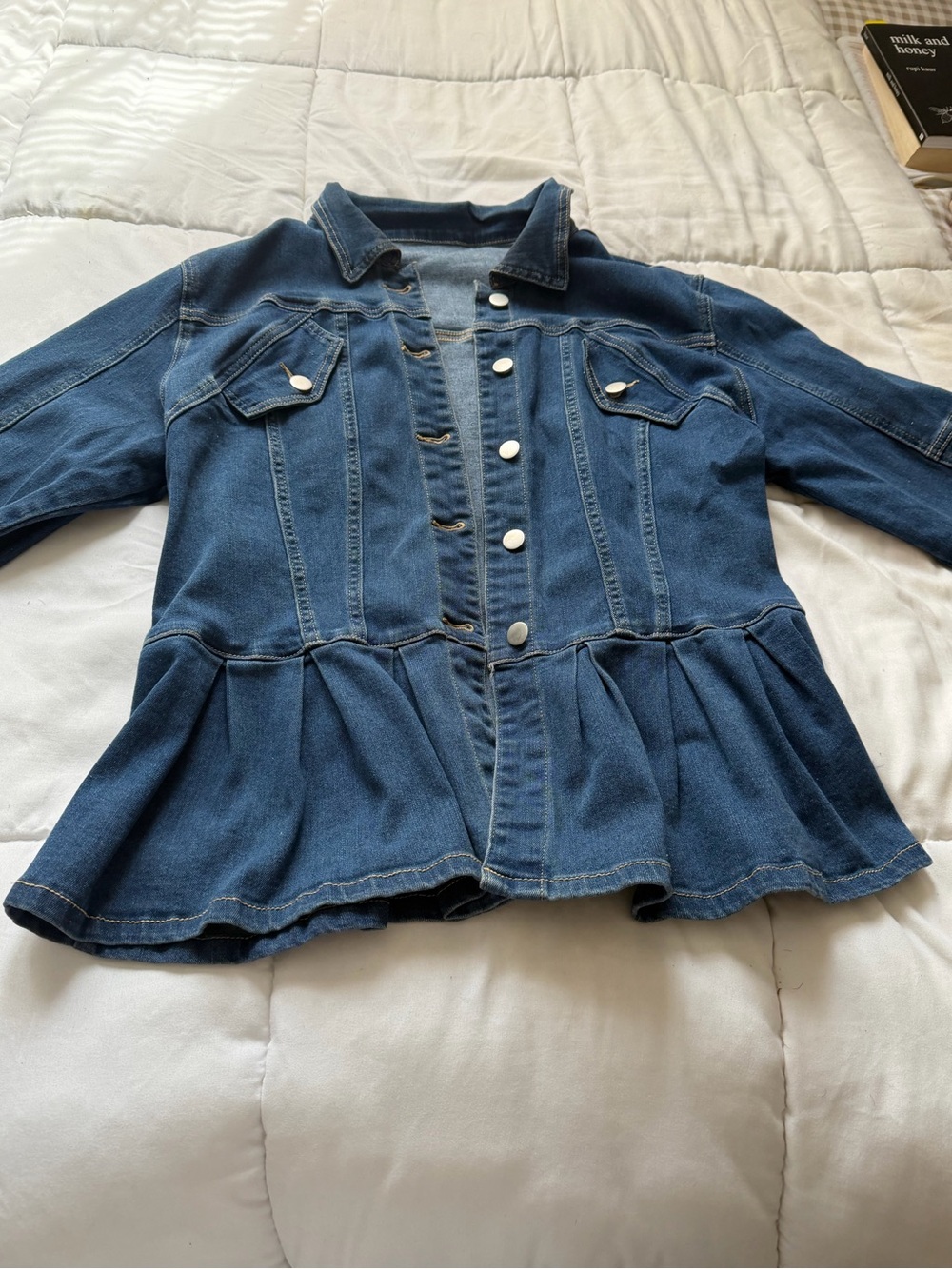 SHEIN Blue Denim Peplum Jacket with Snap Buttons
